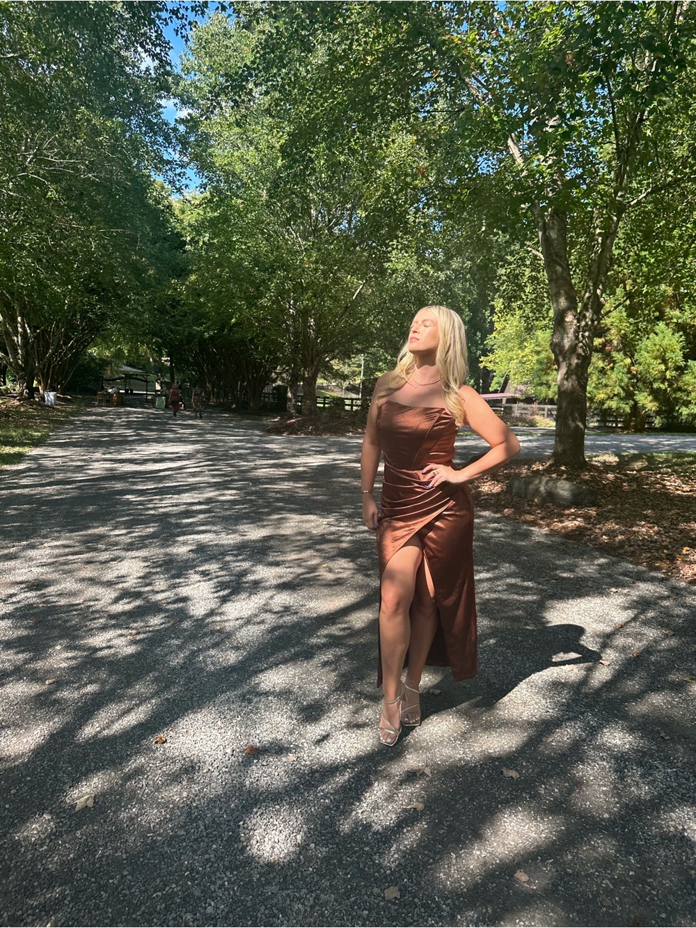 Satin Copper High-Slit Maxi Dress with Draped Bodice